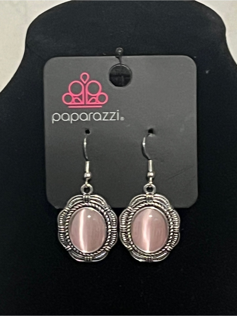 Paparazzi Pink Cat's Eye Ornate Silver Frame Drop Earrings